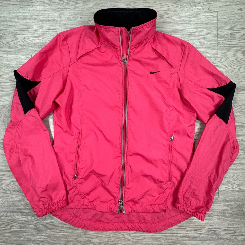 Nike Women Jacket Medium Pink Full Zip Zipper Pockets Spandex Accent Windbreaker